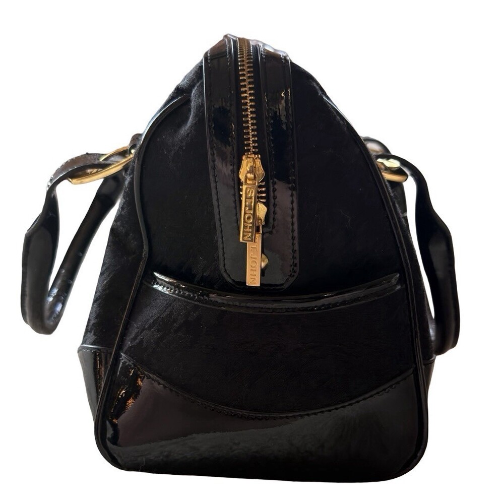 St. John Black Patent Logo Satchel Bag Gold Hardware Zip Top - Picture 2 of 12